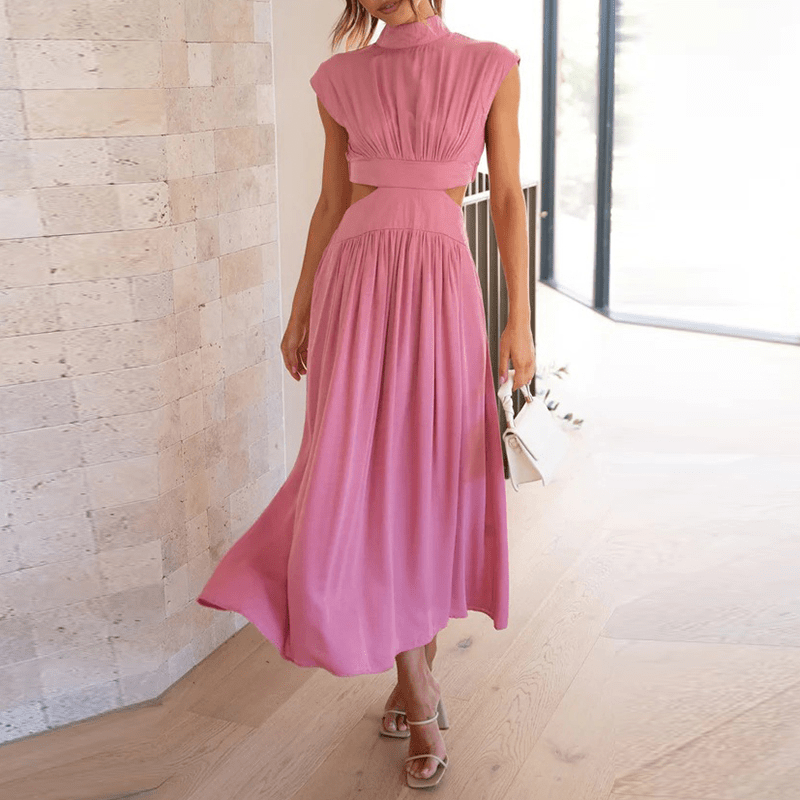 Versatile women's midi dress with elegant pleats, suitable for party wear, summer, or formal events.