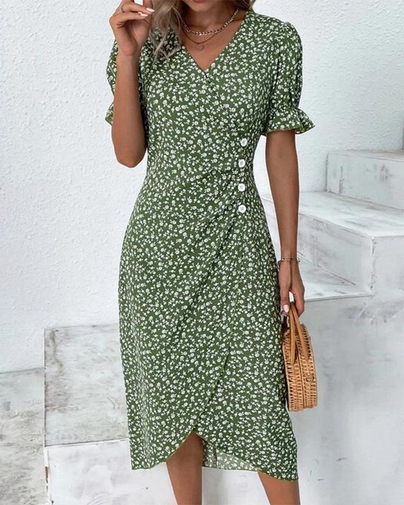Beautiful floral print women's midi wrap dress, elegant V-neck cut, and stylish button detail.
