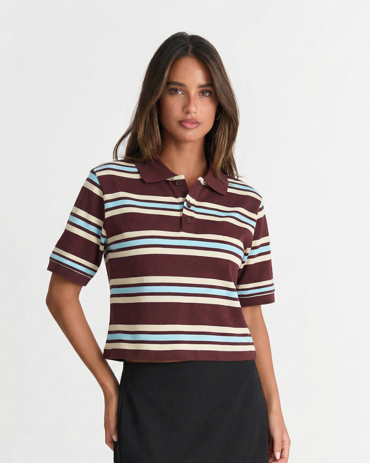 Women's striped short sleeve polo shirt in a relaxed fit, perfect for casual everyday comfort.