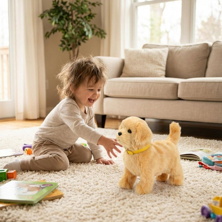 Close-up of a realistic interactive robot puppy toy, showcasing its detailed design and lifelike features.