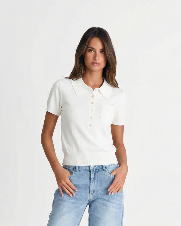 Women's classic slim fit short sleeve button polo top, perfect for casual chic everyday wear.