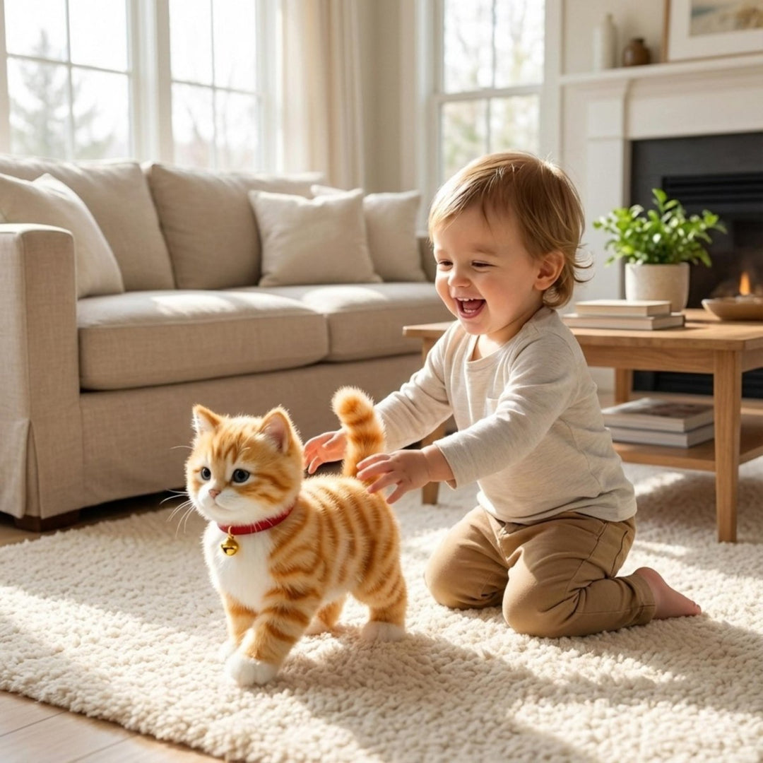 Soft plush interactive cat toy, featuring realistic movements, an ideal cuddly companion for toddlers.
