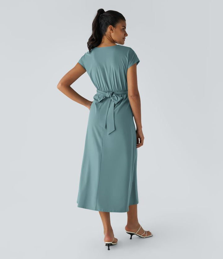 Women's V-neck wrap midi dress with short sleeves & high waist. Elegant & versatile, perfect casual dress. [[lstfy-media:11]]