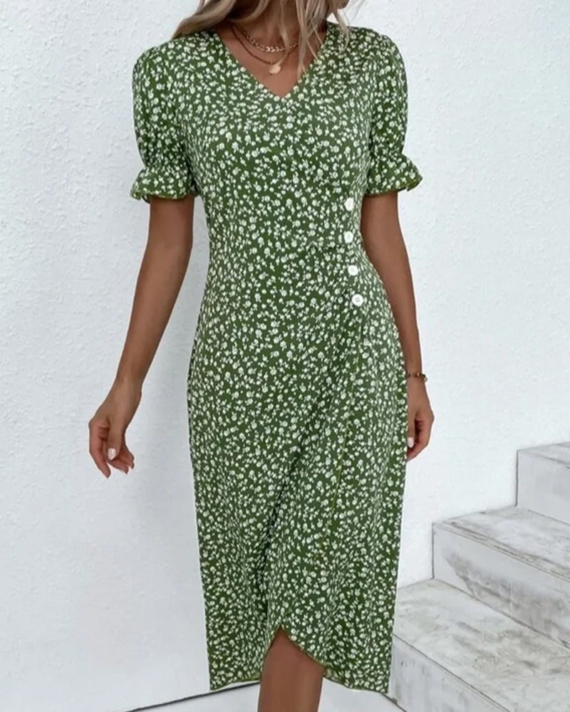Elegant women's floral wrap midi dress with V-neck & button detail, perfect for spring/summer occasions.