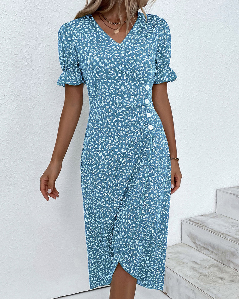 Chic women's floral wrap midi dress with elegant V-neck & button detail, perfect for any occasion.