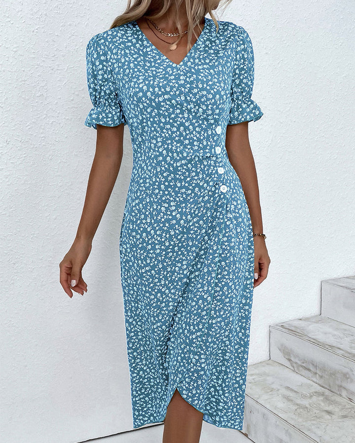 Chic women's floral wrap midi dress with elegant V-neck & button detail, perfect for any occasion.
