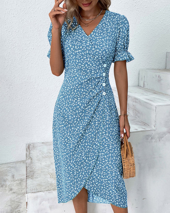 Elegant spring fashion women's floral wrap midi dress, V-neck, button detail, a chic versatile choice.