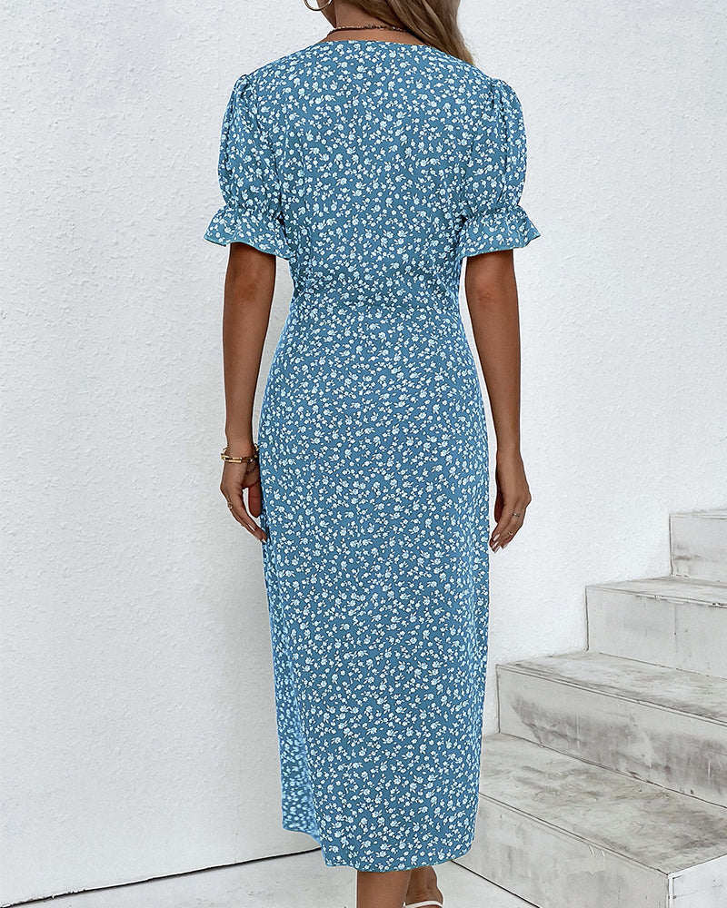 Versatile women's floral wrap midi dress with V-neck, elegant for both casual & formal spring/summer events.