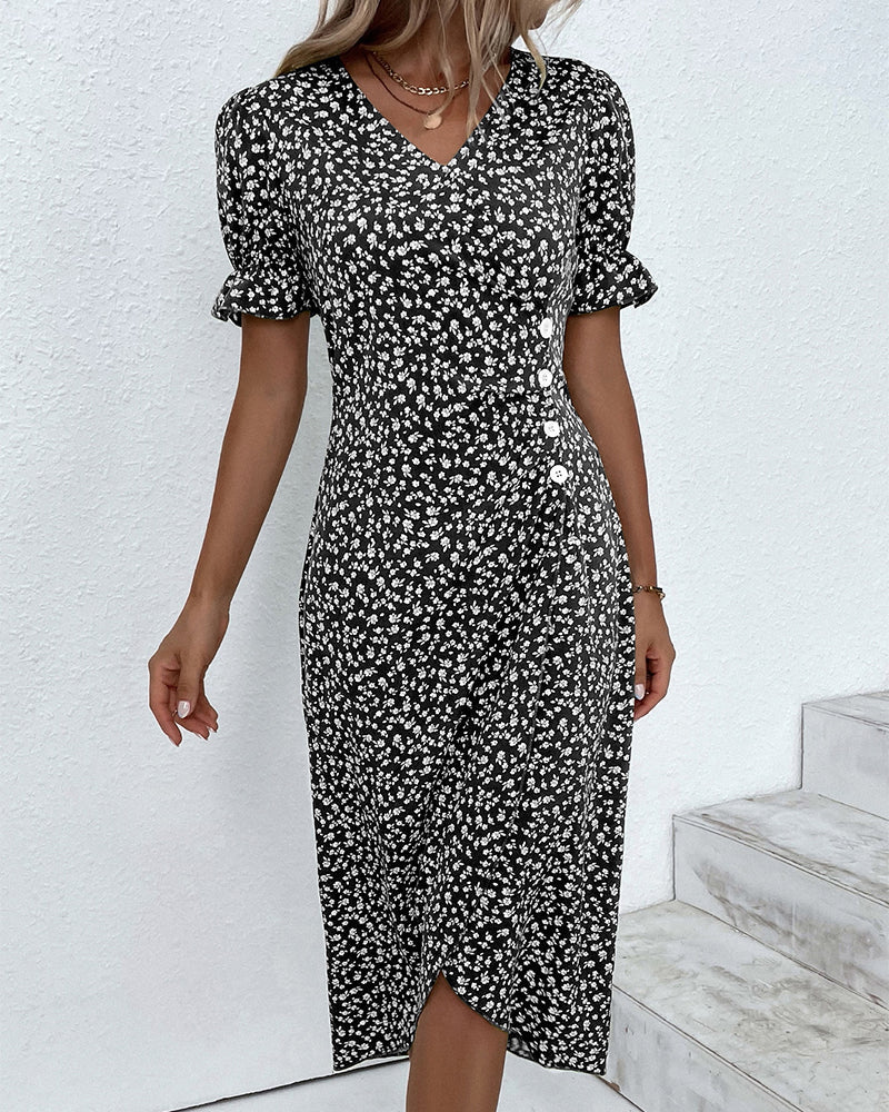 Stunning floral print wrap midi dress for women, elegant V-neck, and stylish button detail.