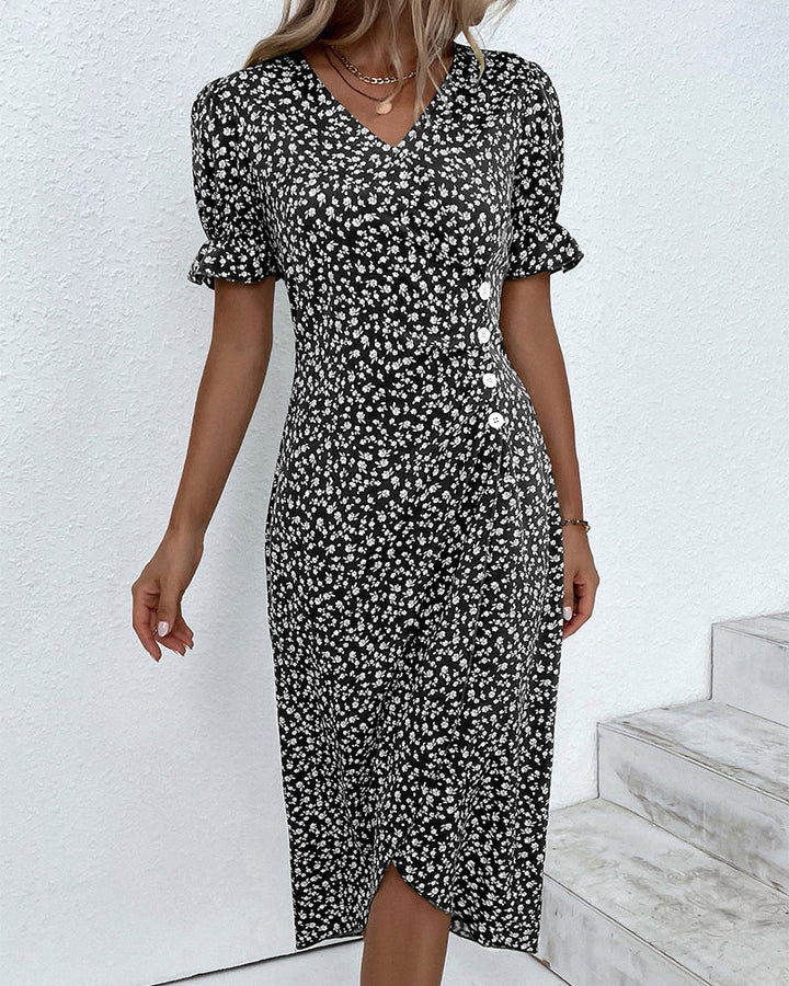Stunning floral print wrap midi dress for women, elegant V-neck, and stylish button detail.