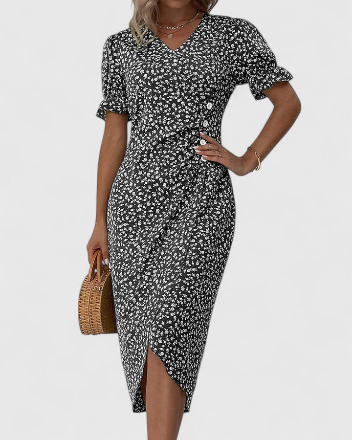 Breathable fabric women's summer dress, emphasizing comfortable wear, versatile midi length, and flattering fit.