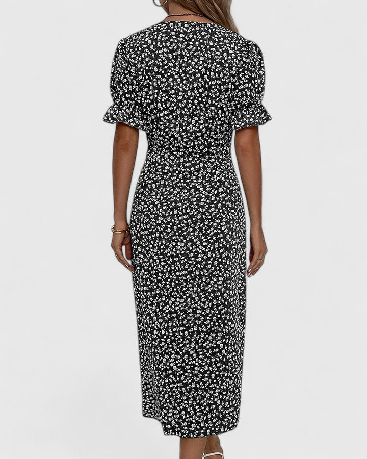 Model in comfortable women's summer midi dress, showcasing effortless style, flattering fit, and vacation charm.