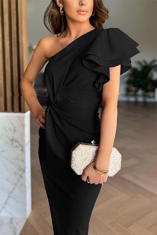 Stunning women's party dress, off-shoulder midi style with playful ruffles and a chic leg slit.