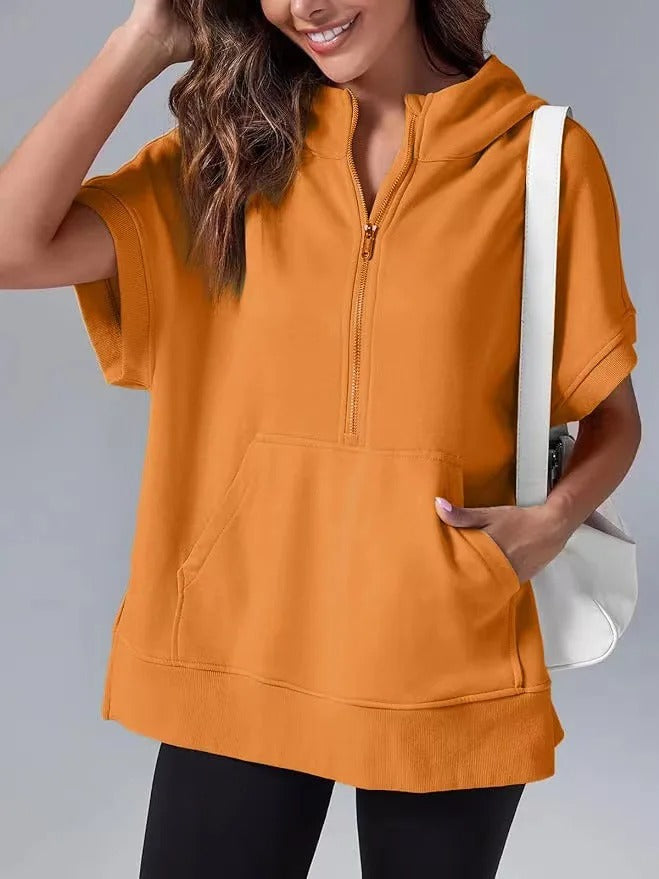Women's short sleeve casual hoodie, a modern half-zip design with convenient side pockets.