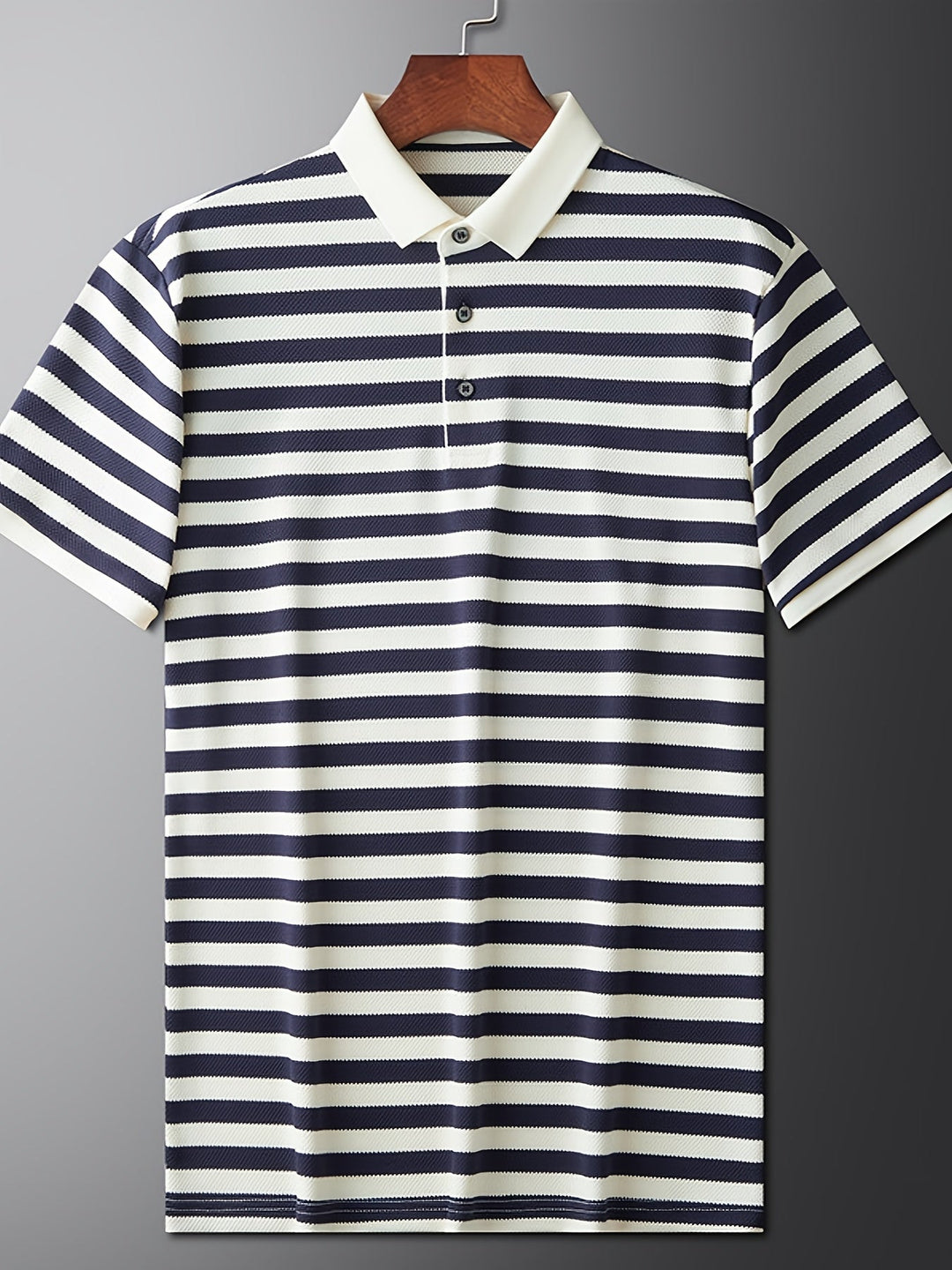 Men's striped short sleeve polo shirt with a stylish contrast collar and button placket, perfect for smart casual wear.