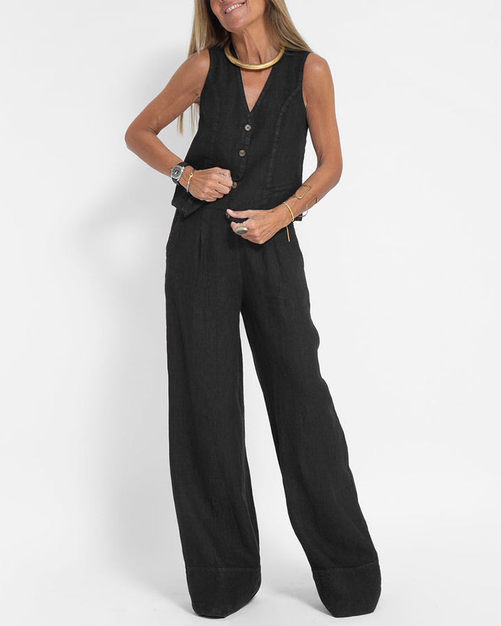 Full shot of a women's sophisticated wide leg pants & vest 2-piece set, ideal for summer fashion.