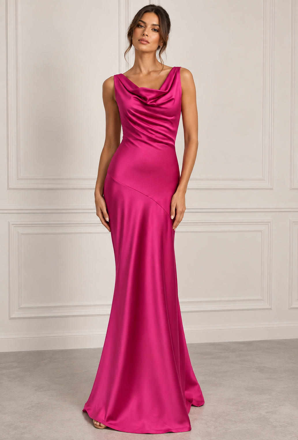 Women's fuchsia cowl neck maxi dress with open back detail, ideal for wedding guests, galas & special occasions.