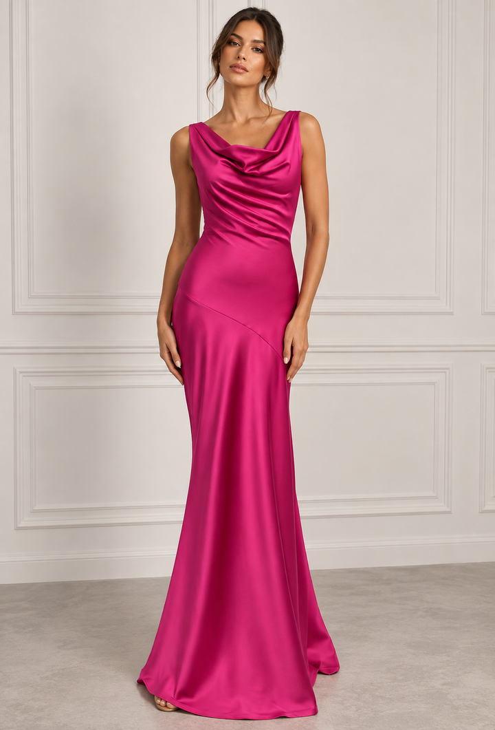 Women's fuchsia cowl neck maxi dress with open back detail, ideal for wedding guests, galas & special occasions.