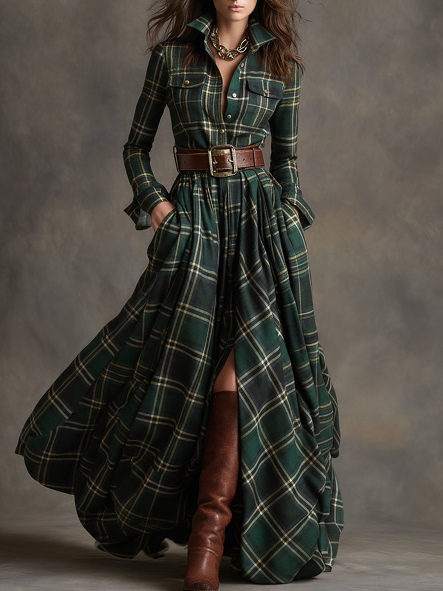 Women's elegant plaid shirt dress with a stylish belt & practical pockets. Perfect for work or casual.