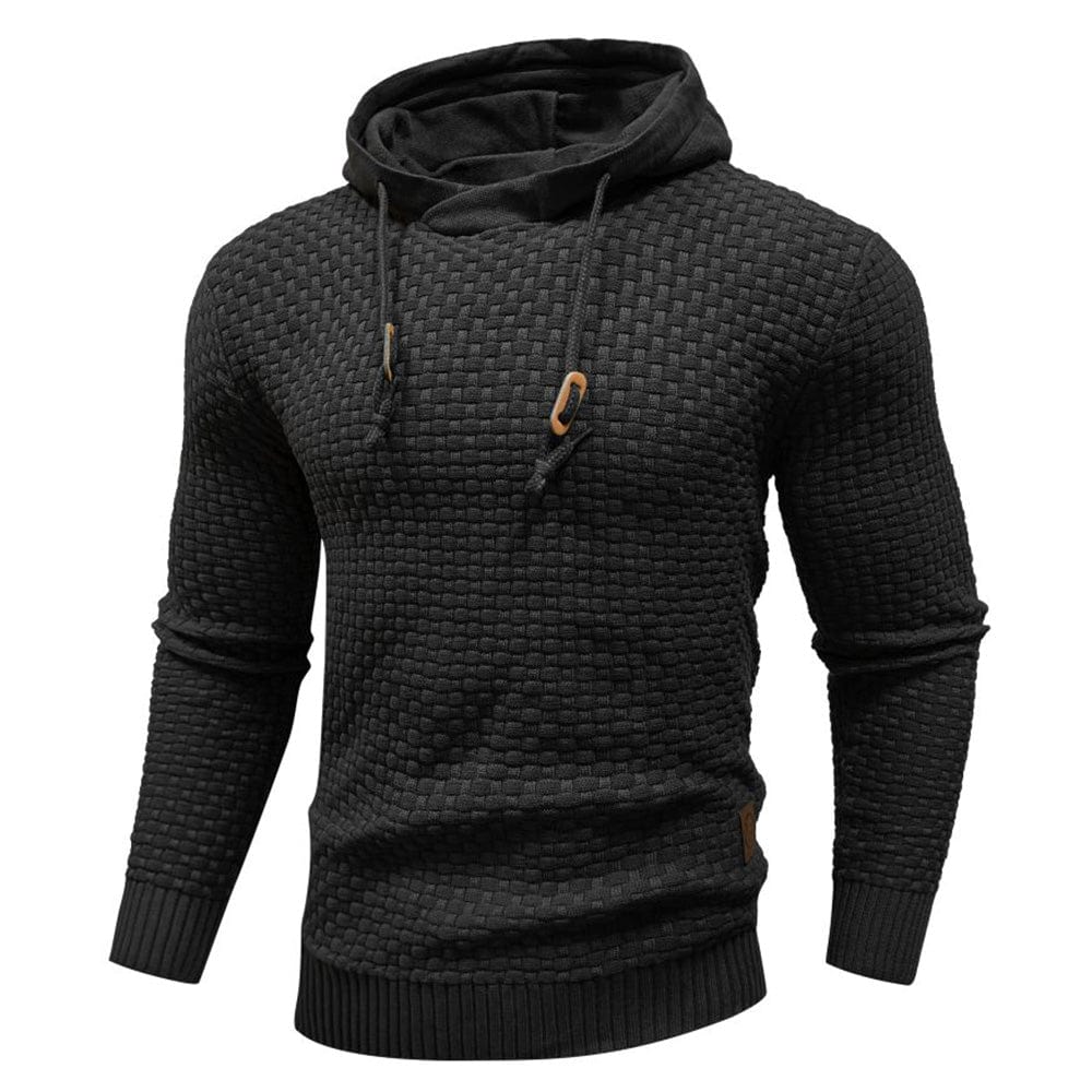 Men's waffle knit hoodie in charcoal, showcasing its unique texture for warmth & comfort.