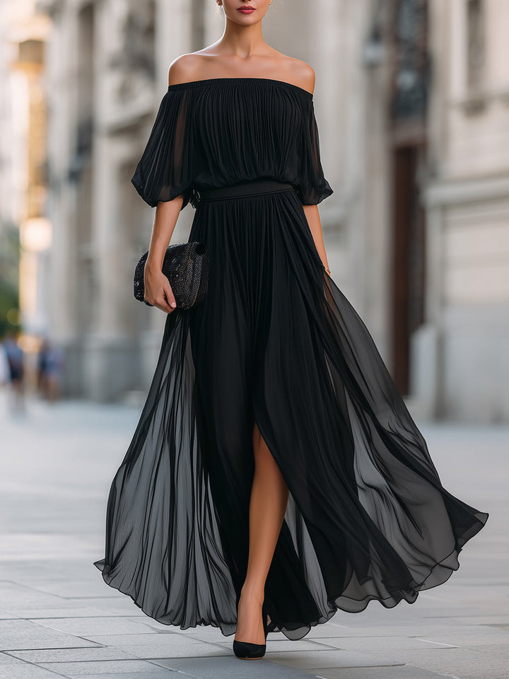 Elegant black off-shoulder pleated maxi dress for women, perfect for evening and formal occasions.