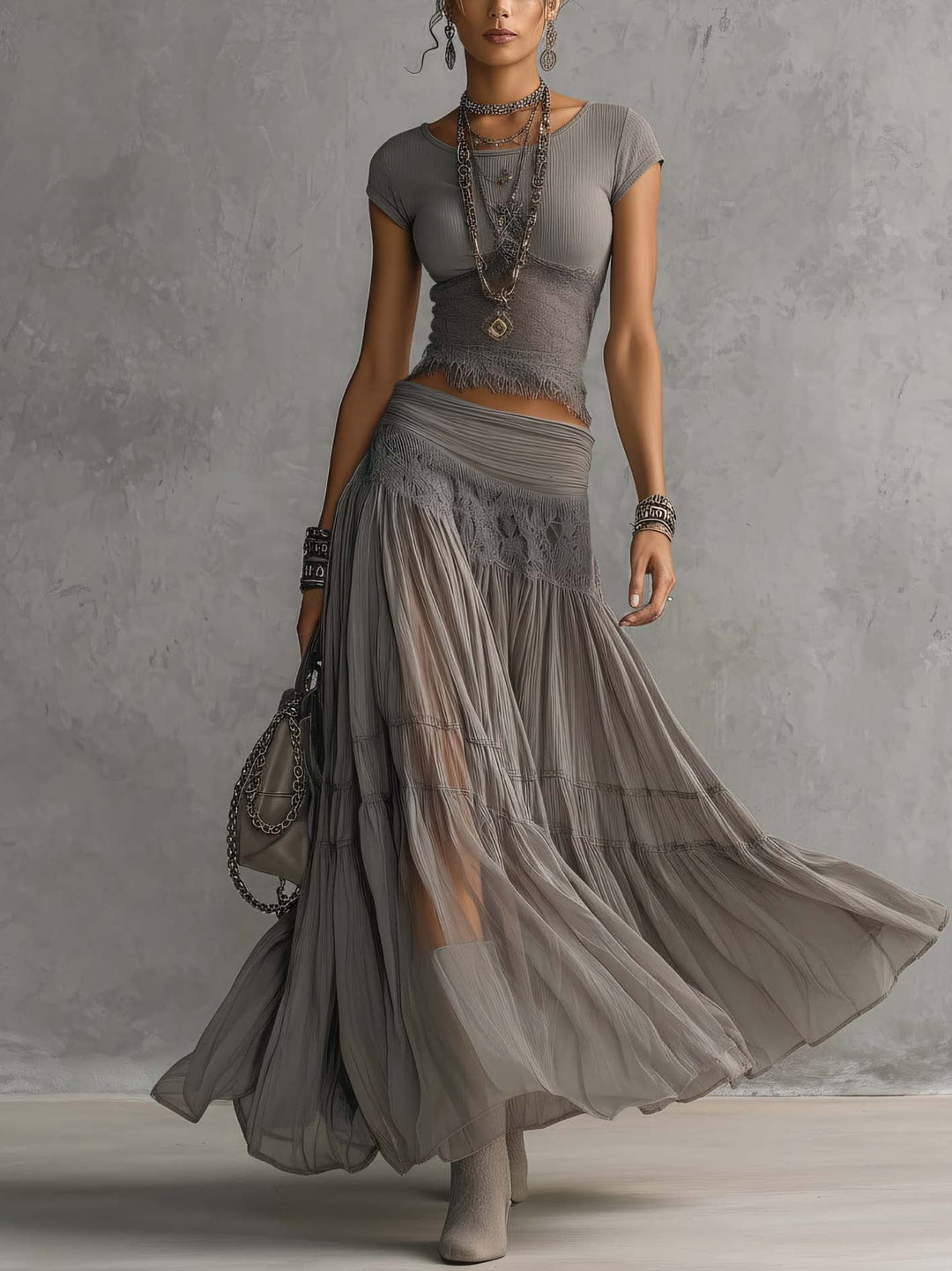 Chic grey lace women's co-ord set. Feminine two-piece matching outfit with delicate lace details for elegant style.