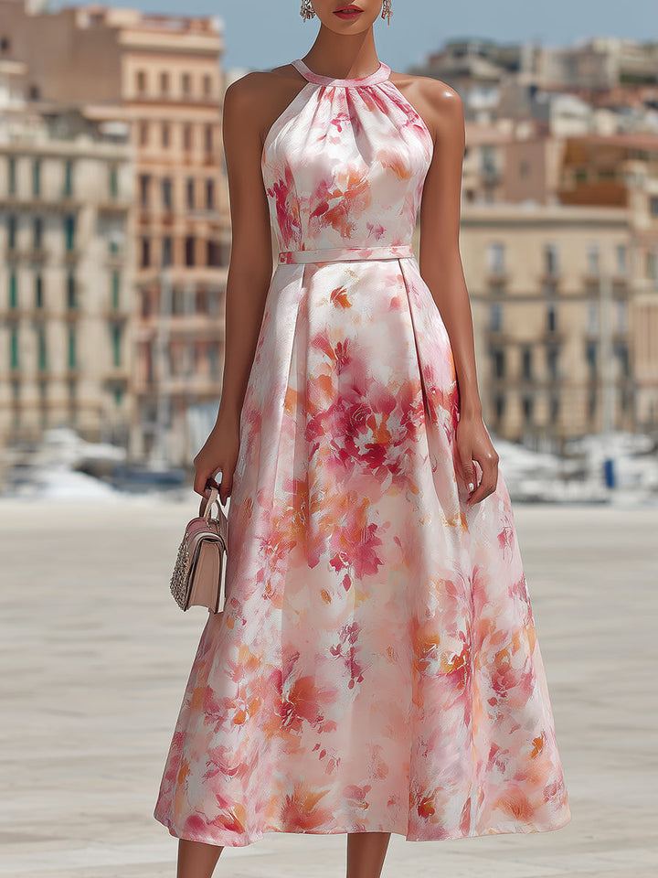 Elegant women's watercolor floral halter midi dress. Flowy summer fashion, perfect for vacation or special occasions.