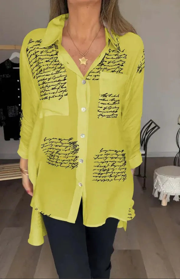 Women's oversized script print button-up top, a relaxed fit long sleeve shirt. Perfect for trendy, comfortable layering.