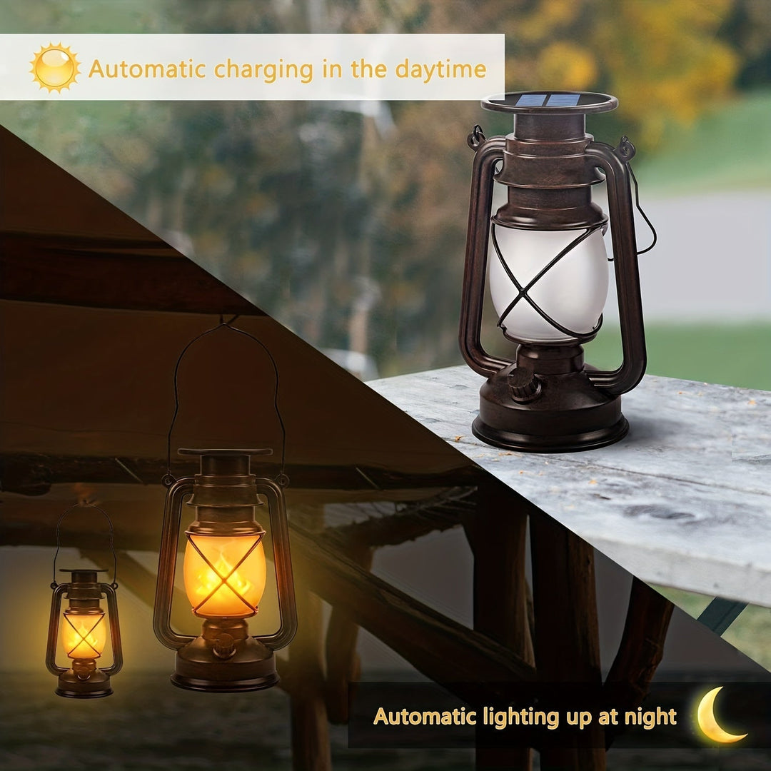 Close-up of a vintage solar lantern's dancing LED flame, ideal for outdoor garden and patio ambiance.