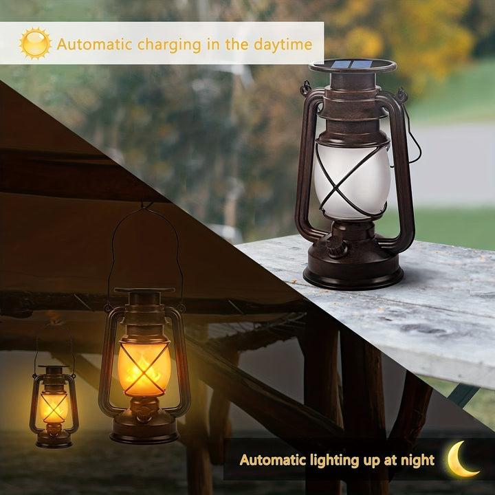 Close-up of a vintage solar lantern's dancing LED flame, ideal for outdoor garden and patio ambiance.