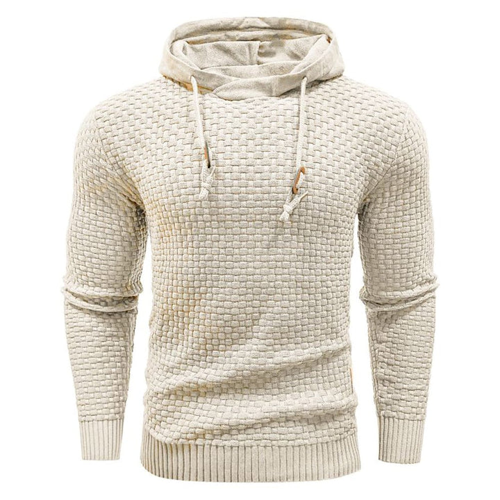 Back view of the men's waffle hoodie, highlighting its robust construction & casual style.
