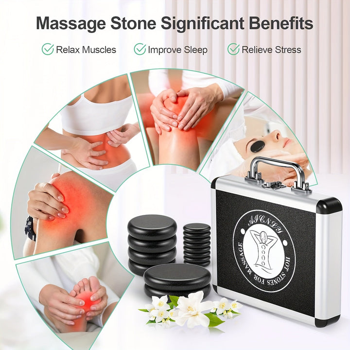 Relaxation hot stone massage system featuring smooth, heated stones for effective muscle comfort.