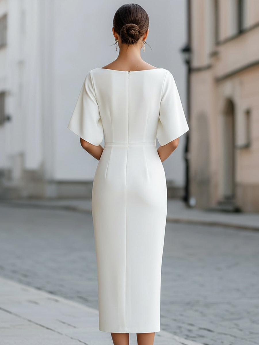 Elegant women's short sleeve midi dress. Tailored design with a boat neck for a sophisticated & versatile look.