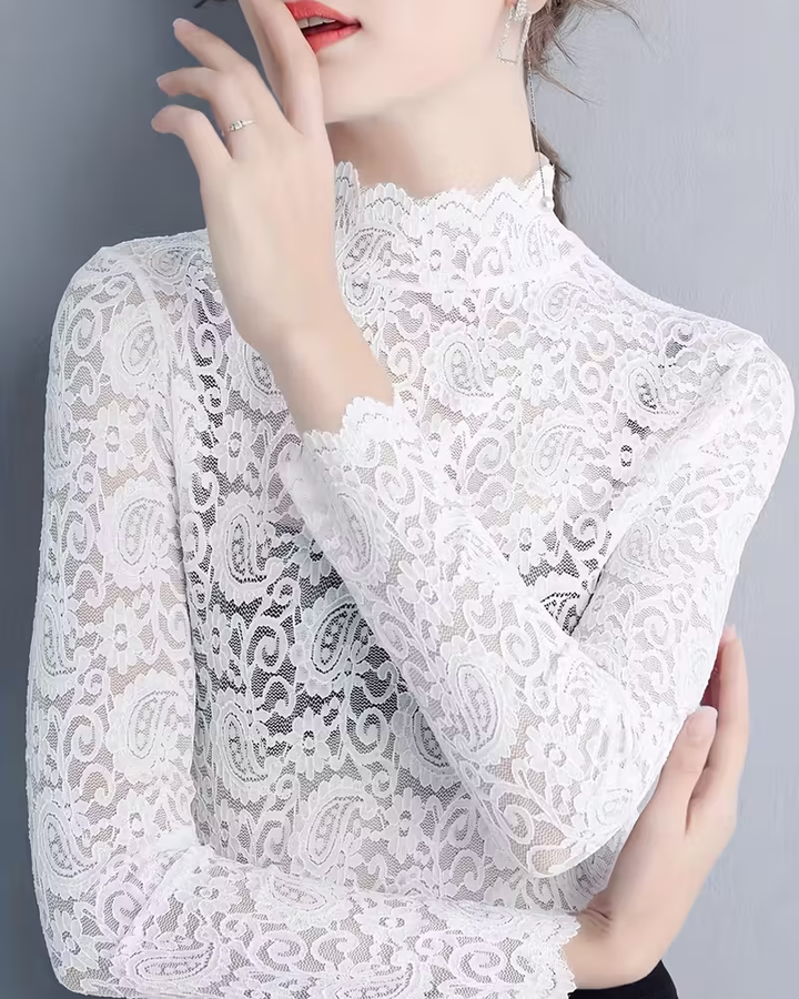 Elegant women's solid color lace blouse, stand collar, perfect for sophisticated fashion.