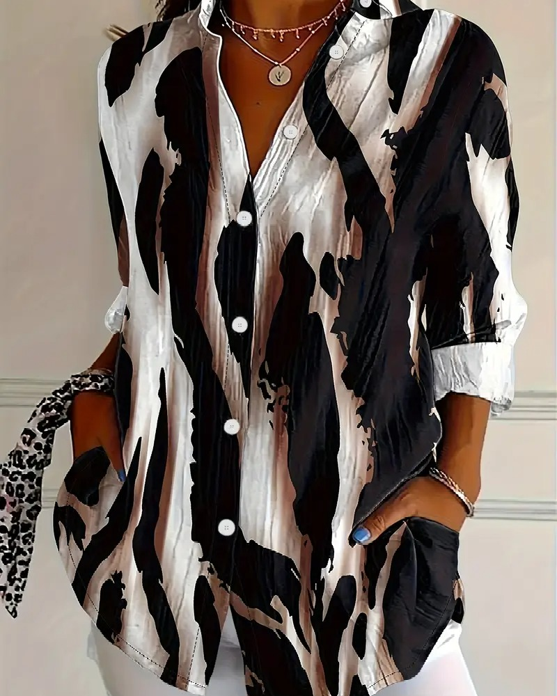 Comfortable women's long sleeve printed blouse, stand collar. Irregular pattern, perfect for casual style.