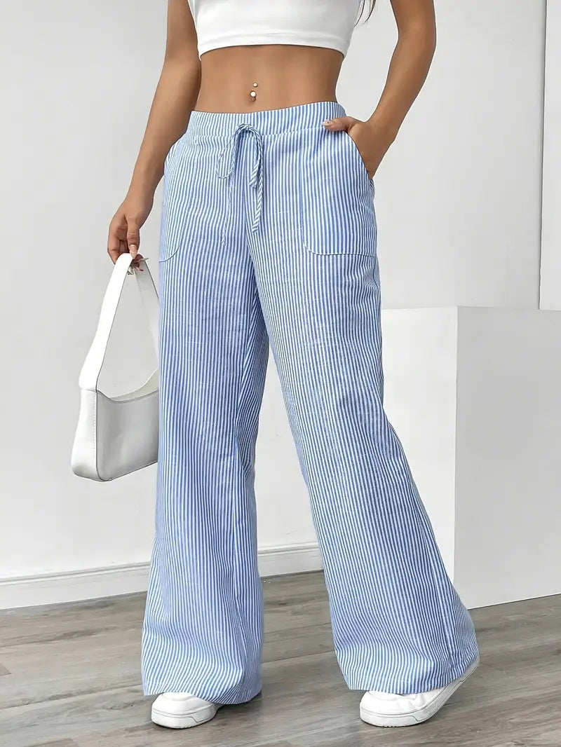Comfortable women's wide leg pants, vertical stripes, ideal for spring outfits.