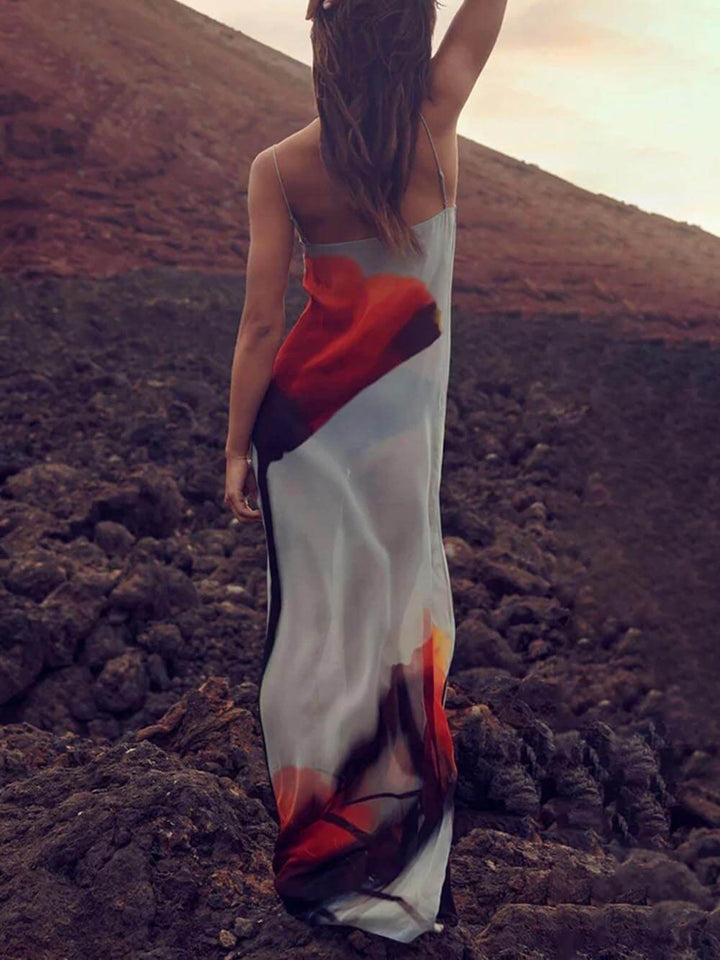 Women's flowy abstract print maxi sundress for effortless summer elegance and vacation wear.