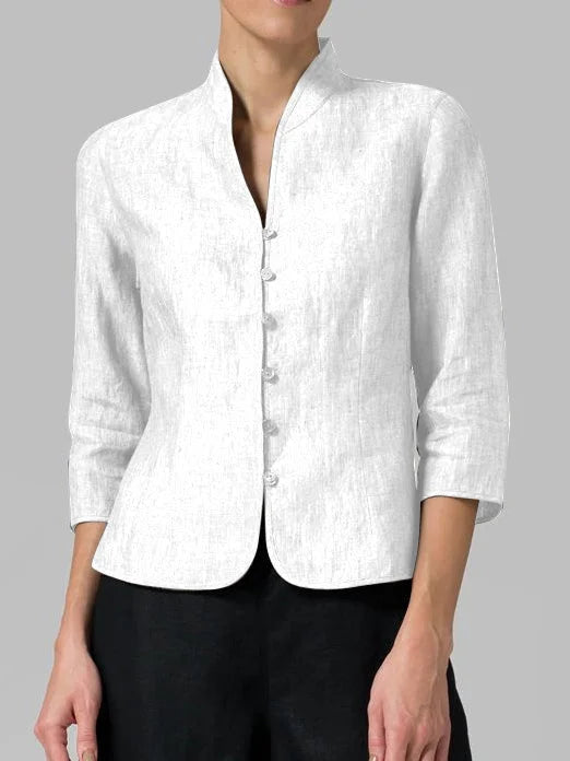 Chic women's stand-up collar blouse. Versatile long sleeve top for sophisticated business casual & everyday fashion.