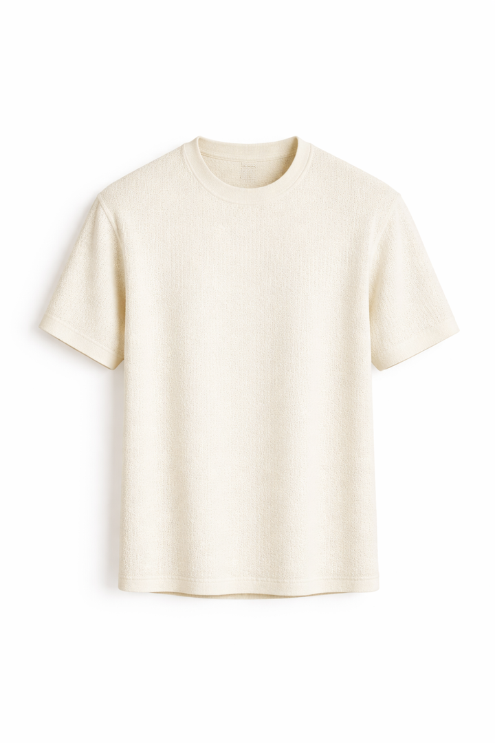 Lightweight men's textured short sleeve t-shirt, relaxed fit, modern summer fashion, versatile comfort.