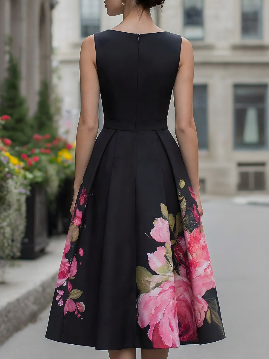 Floral sleeveless A-line midi dress for women, featuring elegant draping, perfect for evening, cocktail, or wedding.