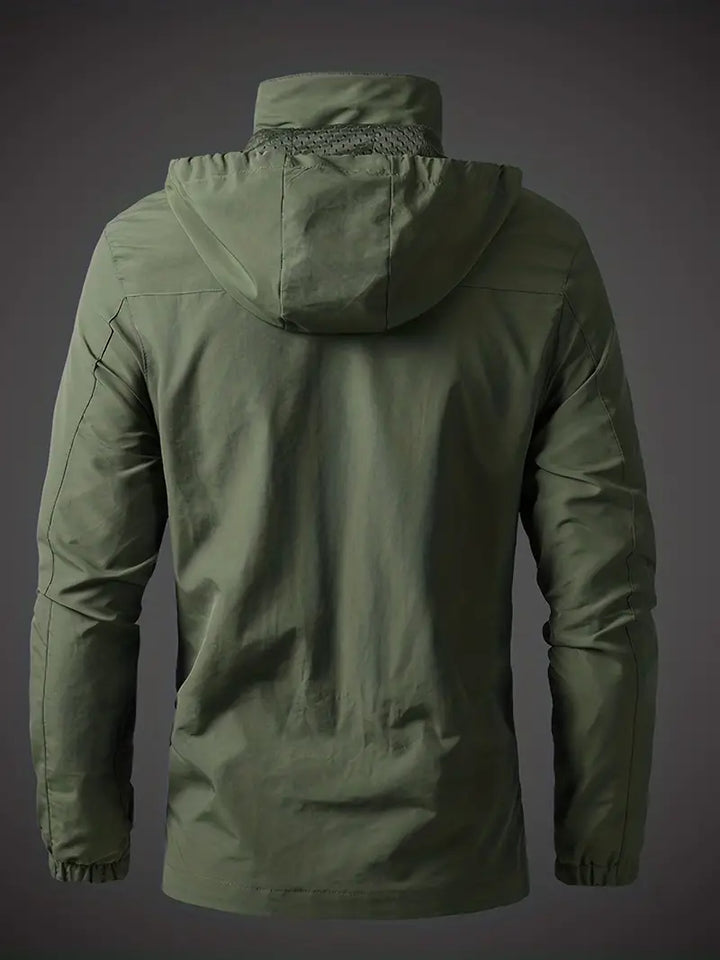 Lightweight men's hooded waterproof jacket, an essential windbreaker for hiking, camping & outdoor activities.