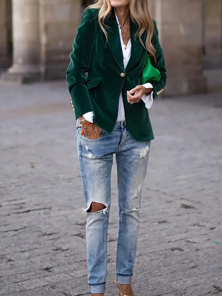 Modern women's single-button tailored blazer, ideal for professional office wear and elegant style.