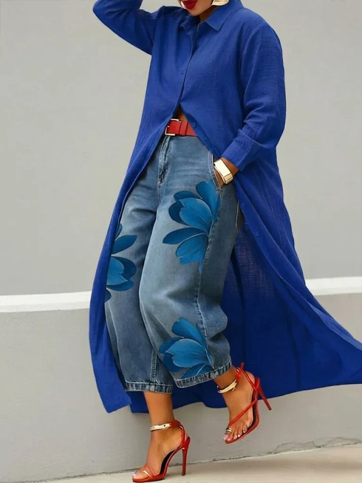 Comfortable women's set: long sleeve shirt dress & vibrant floral denim jeans for stylish everyday wear.