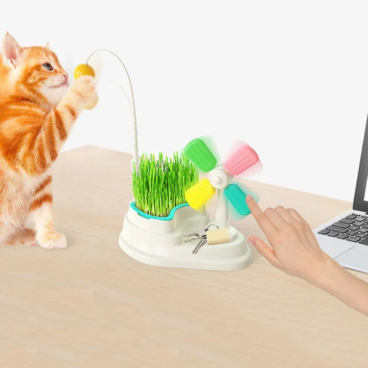 Cat enrichment windmill toy, designed for mental stimulation & interactive play; perfect for active indoor cats.