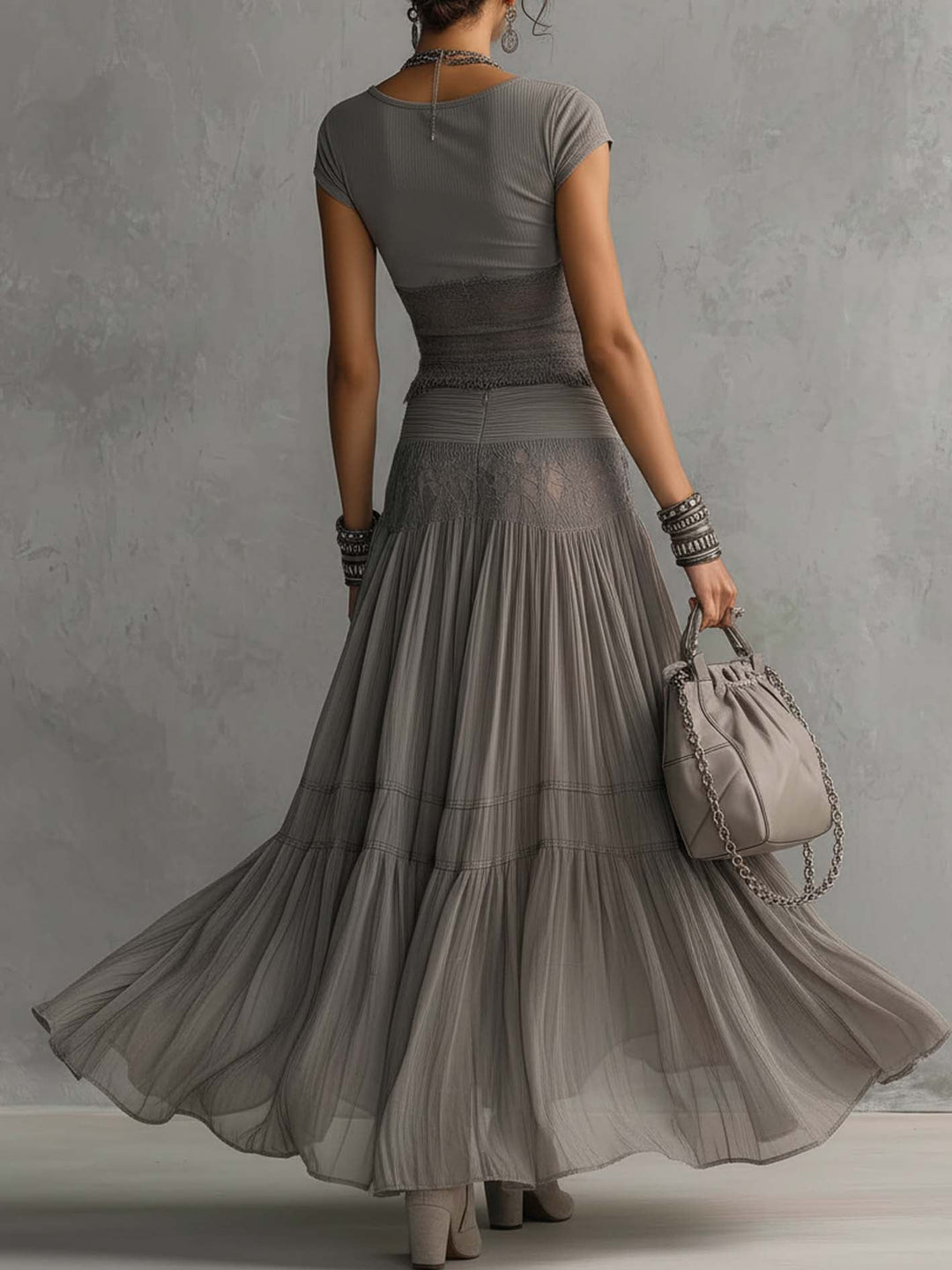 Comfortable women's grey lace co-ord set. Versatile two-piece outfit, perfect for both casual chic and evening wear.