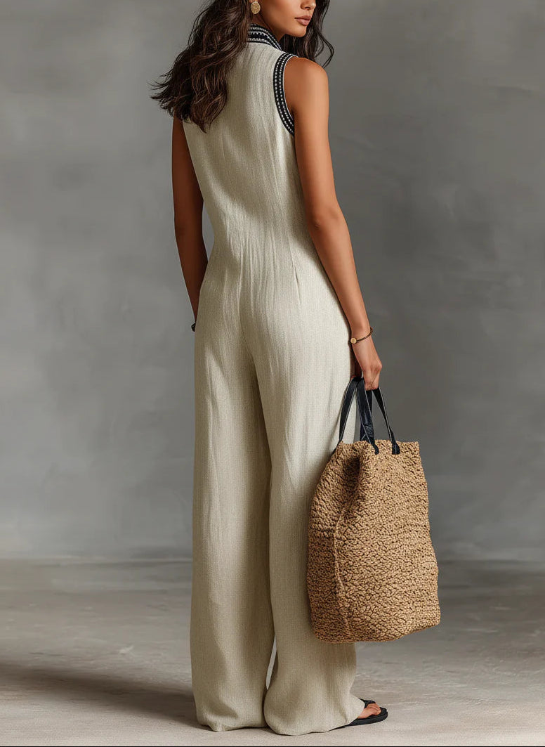 Stylish women's one-piece high-neck sleeveless jumpsuit, a versatile and elegant modern summer fashion staple.