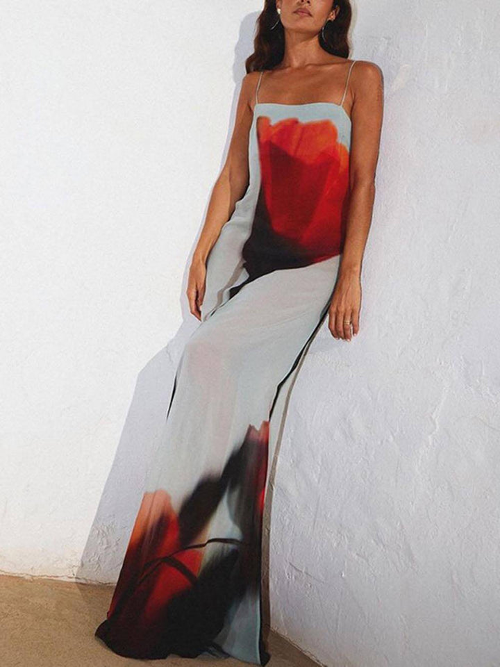Striking abstract print flowy maxi sundress for women; a comfortable and elegant summer dress.