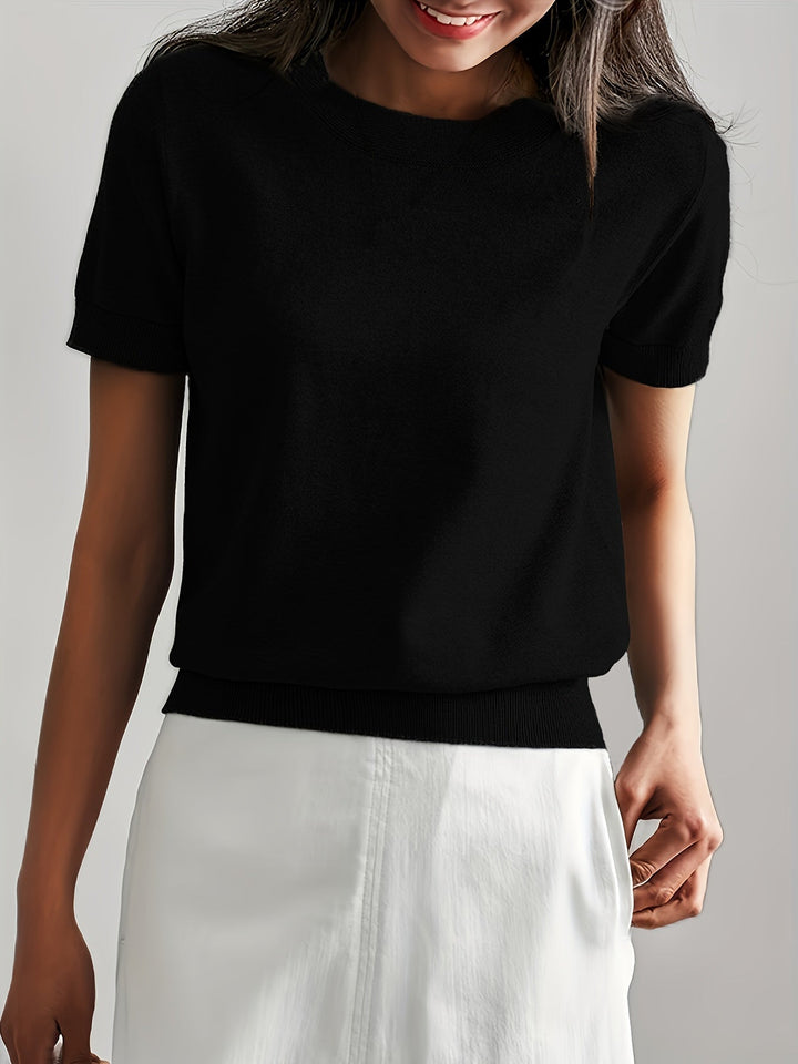 Gray women's short sleeve knit top, soft comfort, versatile for all-season elegant casual wear.