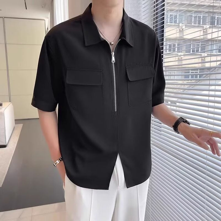Men's short sleeve zip-up casual shirt in a relaxed fit, ideal for comfortable everyday wear.