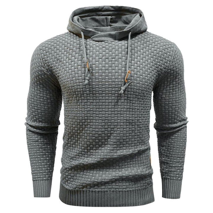 Front view of the men's waffle knit hoodie, showing its comfortable fit & stylish design.